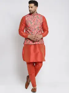 Kaifoo Men Orange Kurti with Churidar and Printed Nehru Jacket
