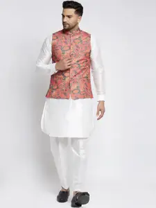 Kaifoo Men White Paisley Kurta & Pyjamas With Printed Nehru Jacket