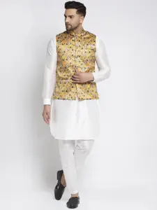 Kaifoo Men White Floral Angrakha Kurta with Pyjamas and Nehru Jacket