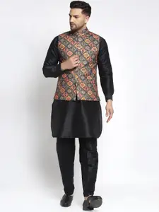 Kaifoo Men Black Floral Layered Kurta with Pyjamas and Nehru Jacket