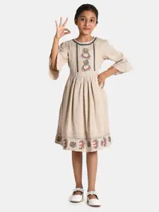 Bella Moda Off White Fit & Flair Casual Wear Embriodery pleated  Girls Dress