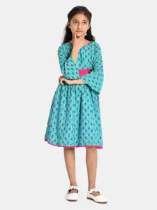 Bella Moda Turquoise Blue & Pink Floral Applique Fit and Flare Dress