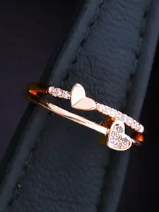 Yellow Chimes Women Rose Gold-Plated Crystal-Studded Heart Shaped Adjustable Finger Ring