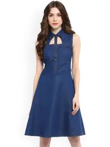 StyleStone Women Blue Denim Solid Knee Length A-line Dress