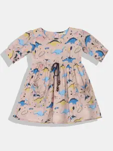 Bella Moda Round Neck Fit & Flair Casual Wear Floral Print Half Sleeve Girls Dress - Khaki