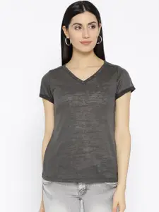 Ed Hardy Women Charcoal Grey Solid Burnout Effect Top