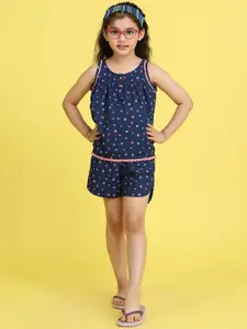 Biglilpeople Girls Navy Blue & Red Printed Pure Cotton Night suit