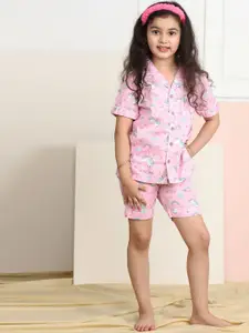 Biglilpeople Girls Pink & White Printed Pure Cotton Night suit