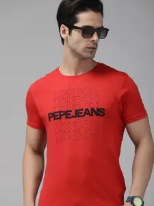 Pepe Jeans Men Red Brand Logo Printed Pure Cotton Slim Fit T-shirt