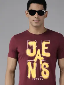 Pepe Jeans Men Burgundy Typography Printed Slim Fit T-shirt