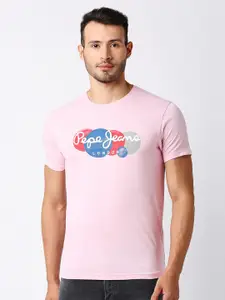 Pepe Jeans Men Pink Typography Printed Slim Fit T-shirt