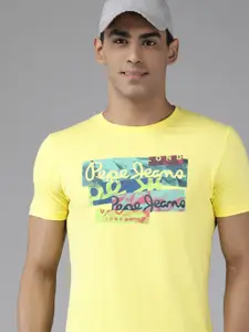 Pepe Jeans Men Yellow Typography Printed Slim Fit T-shirt