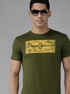 Pepe Jeans Men Olive Green Typography Printed Slim Fit T-shirt