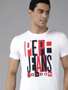 Pepe Jeans Men White Typography Printed Slim Fit T-shirt