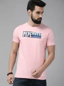 Pepe Jeans Men Pink Brand Logo Printed Pure Cotton Slim Fit T-shirt