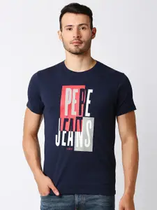 Pepe Jeans Men Navy Blue Typography Printed Applique Slim Fit Pure Cotton Casual T-shirt