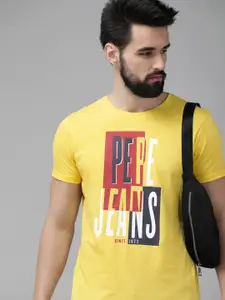 Pepe Jeans Men Yellow Brand Logo Printed Pure Cotton Slim Fit T-shirt