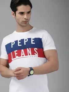 Pepe Jeans Men White Typography Printed Slim Fit Pure Cotton Casual T-shirt
