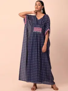 Rang by Indya Blue & Pink Printed Kaftan Maxi Kurta