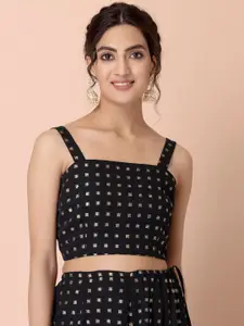 INDYA Women Black & Gold-Toned Printed Boota Foil Strappy Crop Top