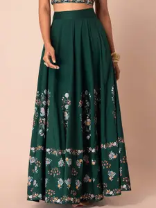 INDYA Women Green & White Floral Printed Flared Maxi Skirt