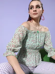 Moda Rapido Floral Print Off-Shoulder Empire Top With Smocked Detail