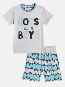DILLINGER Boys Grey Melange & Turquoise Blue Printed T-shirt with Shorts