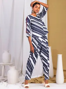Earthen BY INDYA Women Navy Blue & White Striped Top and Pants Set