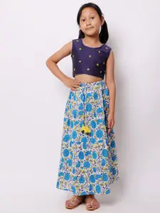 My Little Lambs Girls Blue & White Embroidered Thread Work Ready to Wear Lehenga &