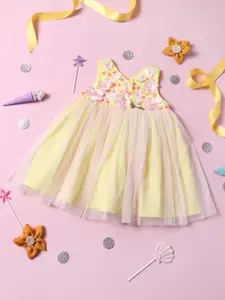 Nauti Nati Girls Yellow Embellished Cotton& Net Dress