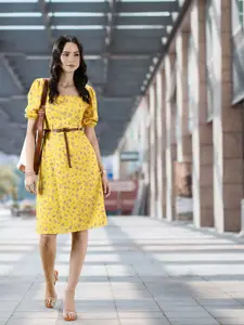 her by invictus Bright Yellow Once Upon A Sleeve Floral Print Puff Sleeve A-Line Dress