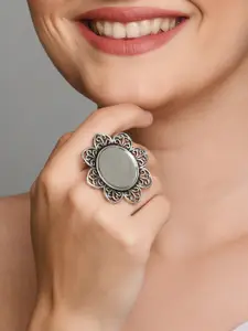 Fida Silver-Plated Oxidized Mirror-Studded Finger Ring