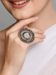 Fida Oxidised Silver-Plated Mirror-Studded Adjustable Finger Ring