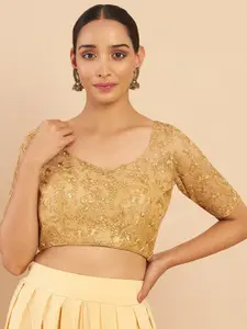 Soch Golden Floral Embroidery And Sequins Net Saree Blouse