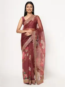 VAIRAGEE Maroon & Green Floral Organza Saree