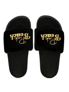 AMACLASS Women Black & Gold-Toned Embellished Sliders