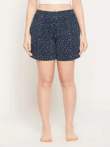 Clovia Women Navy Blue & White Printed Pure Cotton Lounge Shorts
