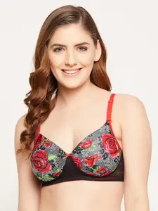 Clovia Black & Red Non-Wired Full Cup Floral Print Multiway T-Shirt Bra