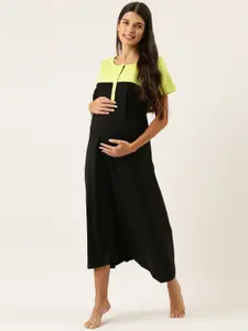 Nejo Green & Black Colorblocked Midi Maternity Nightdress