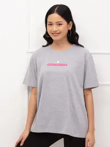 20Dresses Women Grey Typography Printed Drop-Shoulder Sleeves Oversized  T-shirt