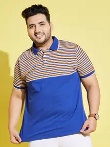 bigbanana Plus Size Men Blue & Yellow Striped Polo Collar T-shirt