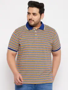 bigbanana Plus Size Men Blue & Multicoloured Striped Polo Collar Pure Cotton T-shirt