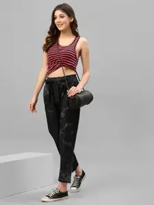 KASSUALLY Women Black Paper Bag Belted Tie Dye Straight Fit Jeans