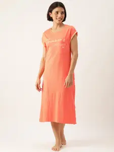 Slumber Jill Women Coral Orange Pure Cotton Printed Casual Nightdress