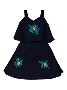 Wish Karo Girls Navy Blue Embroidered Dress