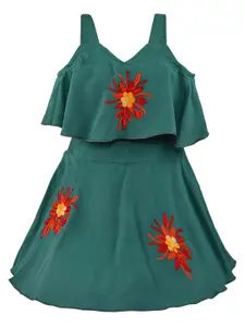 Wish Karo Girls Green Floral Embroidered Dress