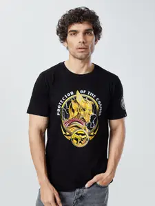 The Souled Store Men Black Printed Raw Edge T-shirt