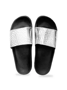 ADIVER Women Silver-Toned & Black Embellished Sliders