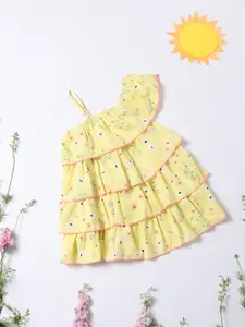 Nauti Nati Girls Yellow & Pink Printed One Shoulder Crepe Dress