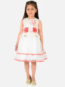 Nauti Nati Girls White & Peach-Coloured Net Sleeveless  Fit and Flare Dress